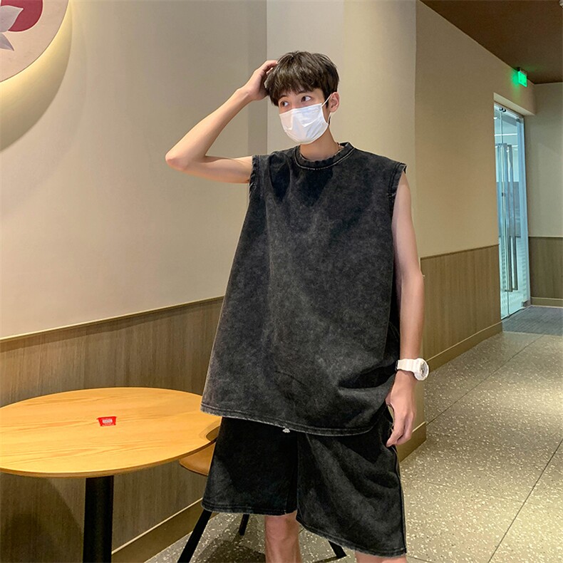 TZ30-P50美式水洗做旧短袖背心套装，男装休闲套装，星座1501-1