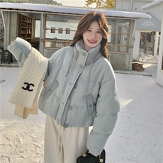现货立领短款羽绒服女2025冬季新款针织拼接时尚洋气外套90白鸭绒，女装羽绒服，2C159