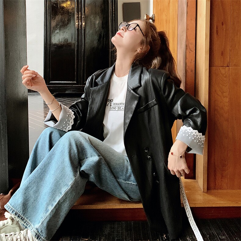 黑色PU皮衣西服外套女2025春秋季新款韩系设计感蕾丝拼接西装上衣,女装皮衣,2C051