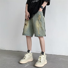 黄泥染侧拉链破洞牛仔短裤男款夏季新款美式高街复古痞帅五分裤，男装牛仔裤，星座601-2