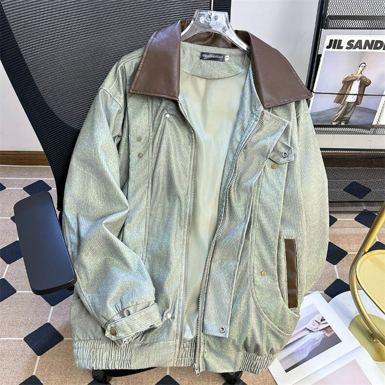 港风秋款男女灯芯绒夹克衫PU皮领扎染宽松休闲外套JK686P75,男装夹克,星座1013-1