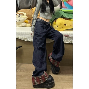 特批P40无差价秋季水洗复古大码中性格子卷边牛仔阔腿裤N9050图片