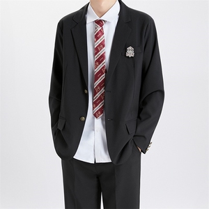 dk日系俩粒扣黑色西服外套男生秋季少年感长款西装西裤套装图片