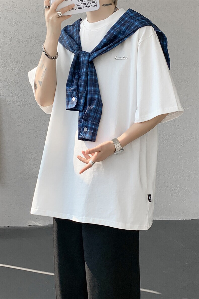 8XL-M潮情侣美式拼接打结格子假两件短袖宽松纯棉T恤男DX338,男装T恤,电商D206-1