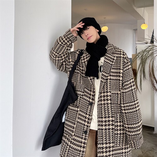 秋冬季中长款千鸟格呢料风衣男潮流宽松西装领外套A071-F05-P120，男装风衣，电商A071