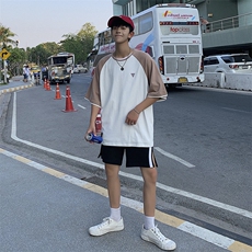 ins火撞色拼接短袖t恤男夏季潮流港风chic五分袖上衣DS343TP25，男装T恤，电商A102