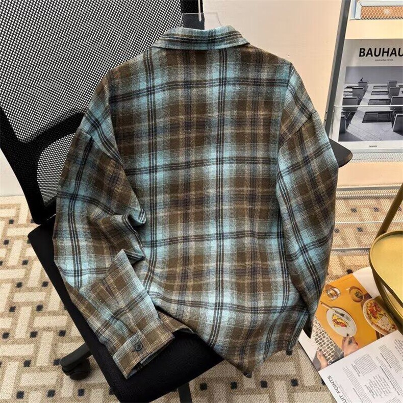 美式复古格子衬衫男士长袖春秋季新款宽松外套日系潮流衬衣服,男装工装外套,星座1013