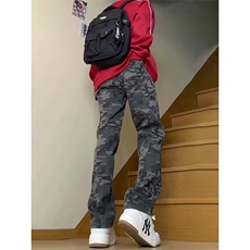 抖音得物美式复古迷彩微喇工装裤男款vibe高街裤子修身牛仔裤AK11，男装牛仔裤，电商A443