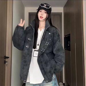 现货 美式宽松设计感金属飞机扣防水PU皮扎染夹克5352/P72图片