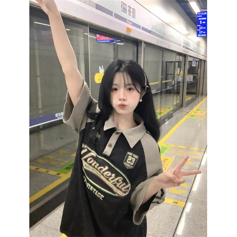 复古街头学院风Polo领拼接撞色短袖T恤男女宽松上衣insT165,男装Polo衫,星座1116A（原606A-3）