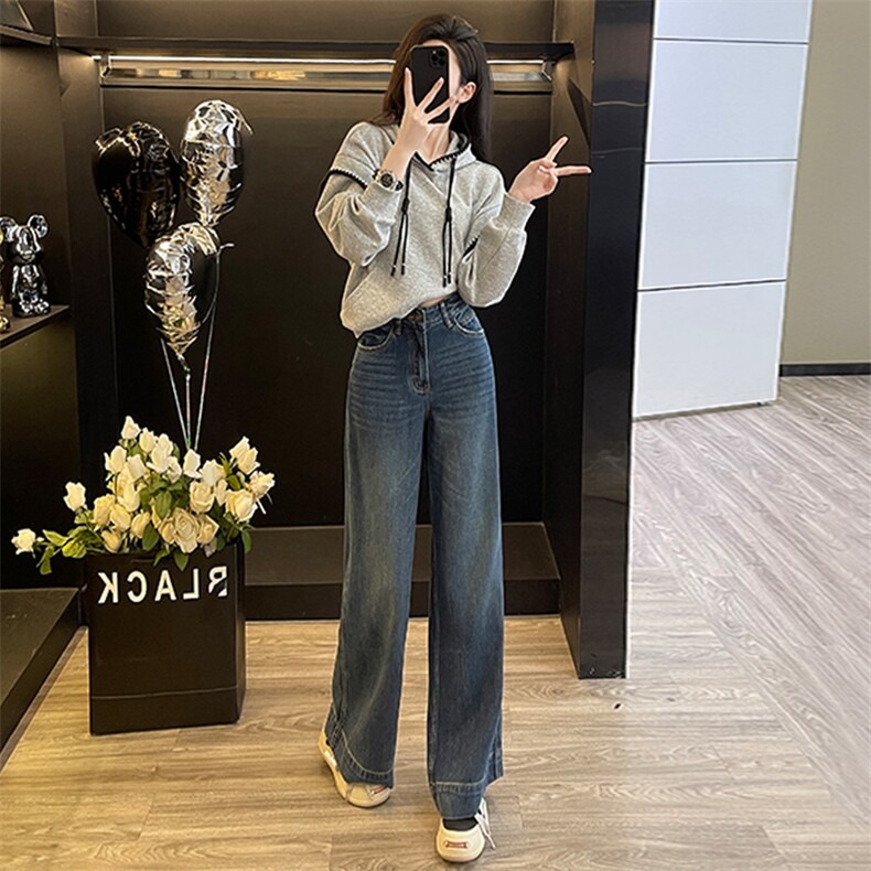 春款女连帽卫衣阔腿牛仔裤设计感显高两件套,女装套装/套裙,江南