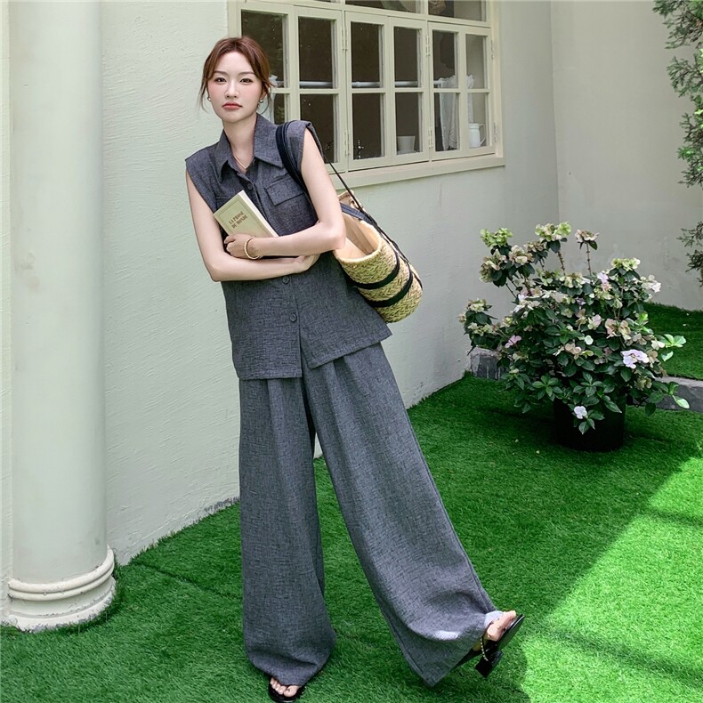 韩系高级感深灰色马甲套装女2025年夏季新款减龄显瘦阔腿裤两件套,女装套装/套裙,蝶眷