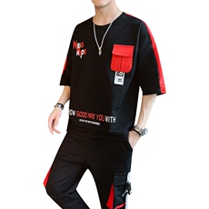 2023夏季潮流时尚T恤男装青少年宽松棉质ins圆领套装F160P75，男装休闲套装，电商A086