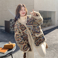 新品有货！复古费尔岛风加绒加厚羊羔毛外套2C213-927-P205-K308，女装短外套，2C213