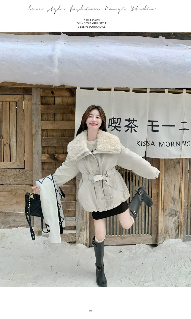 时尚中长款腰带收腰翻毛领羽绒服女冬季2025新款白鸭绒工装派克服,女装羽绒服,2C159
