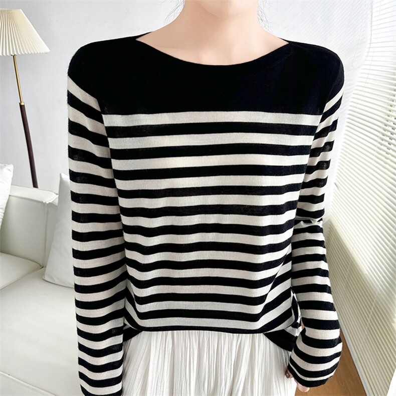 2025春季新款一字领套头条纹纯羊毛针织衫女柔软亲肤简约百搭长袖，女装羊毛衫，诚赞羊绒