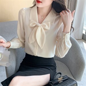 春季新款气质衬衫纯色蝴蝶结雪纺衫上衣简约百搭小衫，女装蕾丝衫/雪纺衫，美吧服饰