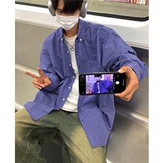 24美式复古蓝色格子长袖衬衫中性宽松绣花衬衫外套男女H993P58，男装衬衫，电商A341