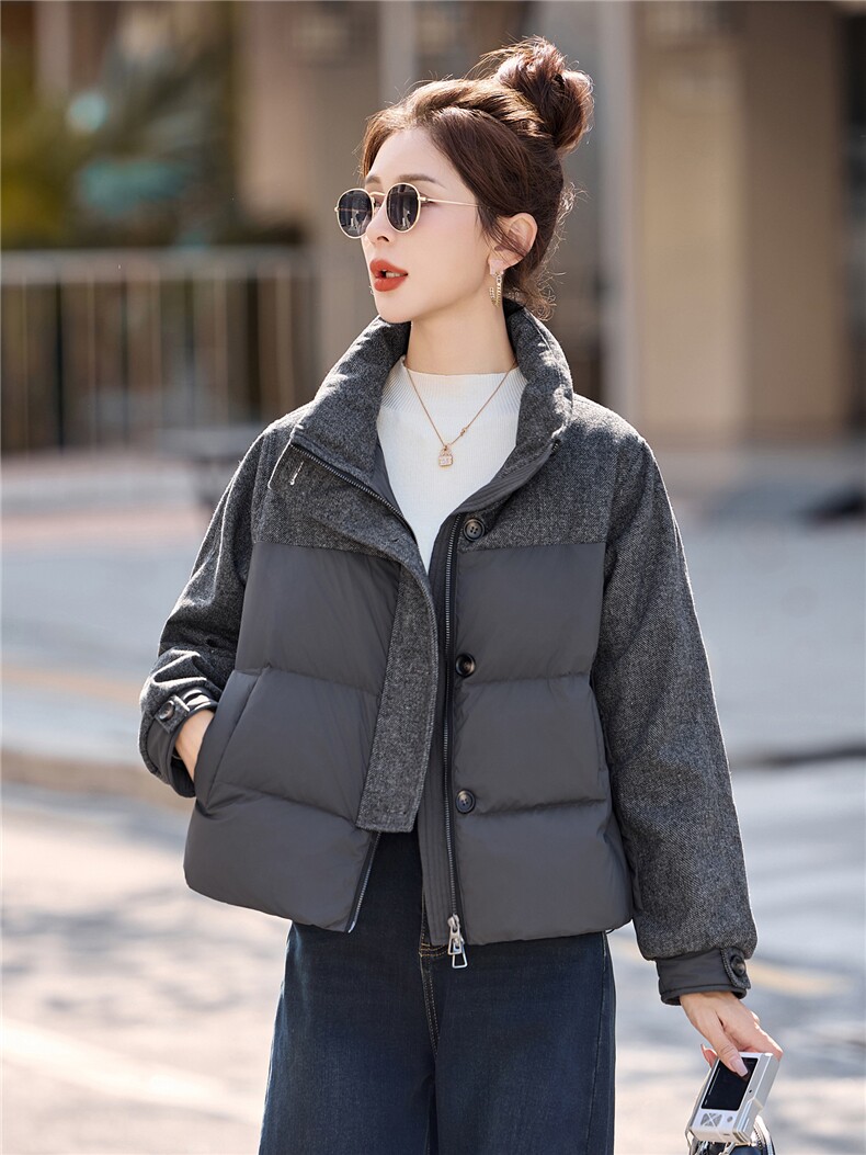 冬装时尚新款毛呢拼接90白鸭绒短款加厚羽绒服外套,女装羽绒服,姿衣坊