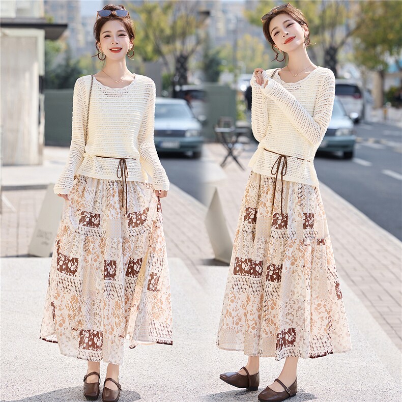 2026年春季新款时尚气质圆领印花半身裙两件套，女装套装/套裙，蓝诺裳