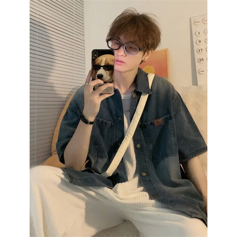 夏季新款百搭宽松半袖上衣美式潮牌牛仔短袖衬衫男现货W8258-P56，男装衬衫，星座512-4