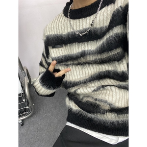 马海毛条纹美式复古毛衣男潮牌秋冬慵懒oversize针织衫 M6011图片