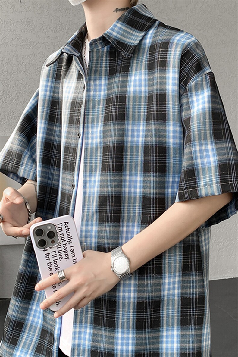 8XL-M格子短袖衬衫男夏季薄款DK制服衬衣JK学院风半袖外套DC28004,男装T恤,电商B312
