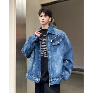 复古垫肩扎染牛仔外套男女小众拉链设计感夹克上衣潮W6390-P90图片