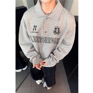 学院风polo领卫衣男秋冬新款宽松版排扣设计长袖外套上衣W407-P45图片