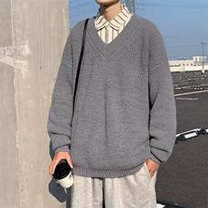 日系慵懒风V领套头针织衫男秋冬季复古纯色宽松休闲毛线衣7358，男装针织衫/毛衣，星座506