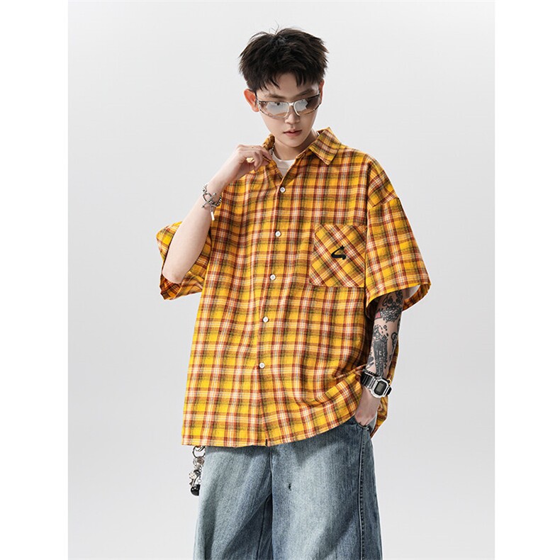 黄色格子短袖衬衫外套男xh115-特p40,男装T恤,电商B367