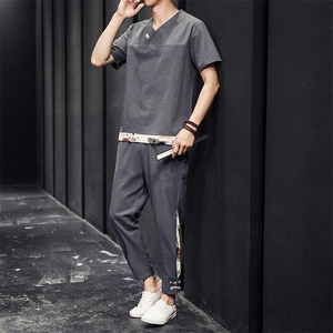 2026夏季风棉麻亚麻短袖T恤唐装大码男士盘扣套装 H518-P50图片