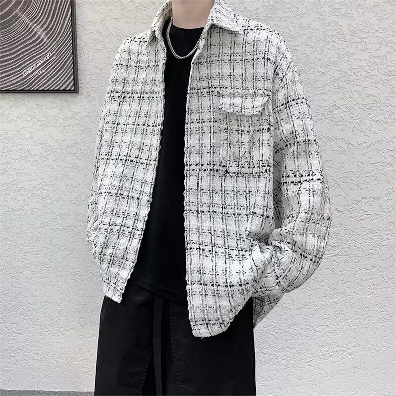 痞帅外套男ins潮牌港风格纹编织毛呢外套衬衫RC30P50图片