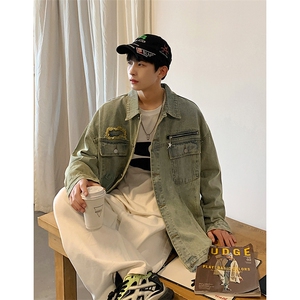美式牛仔外套男春秋港风休闲时尚潮宽松水洗黄泥色夹克男 JK2344图片