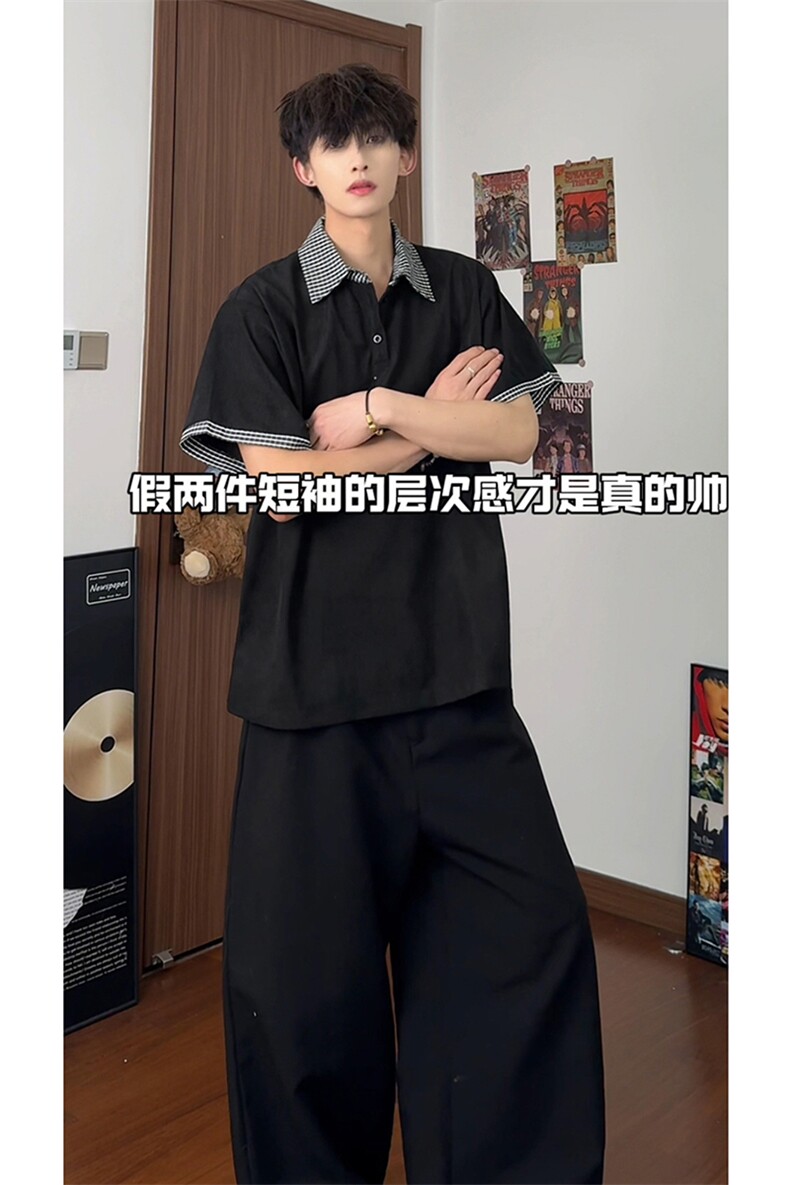 极简学院风撞色格纹Polo宽松小众设计感休闲短袖上衣HY732P45控68,男装T恤,电商A102B