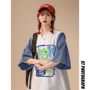 中性 2023新款夏季港风全棉宽松ins情侣短袖T恤 T525 P35控58图片