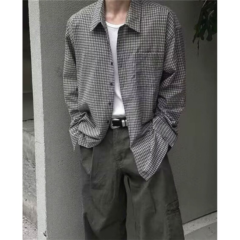 长袖衬衫男士春秋季港风格子上衣宽松百搭衬衣外套C3016,男装衬衫,星座1116A（原606A-3）