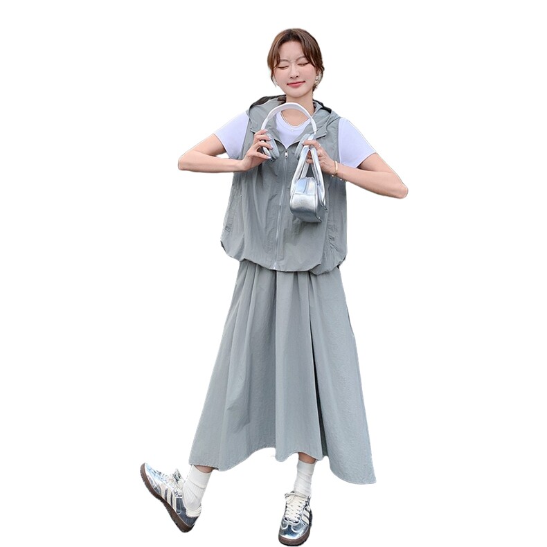 韩版休闲三件套装女夏季2025新款时尚连帽马甲不规则半身裙套装裙,女装套装/套裙,辉之琳