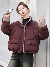 时尚拼色立领短款羽绒服女2025冬季小个子超好看面包服白鸭绒外套，女装羽绒服，沁沁公主