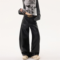 中性风皮裤女秋冬款潮流机能PU皮弯刀裤宽松显瘦阔腿裤YD9068-P75，男装皮裤，星座509