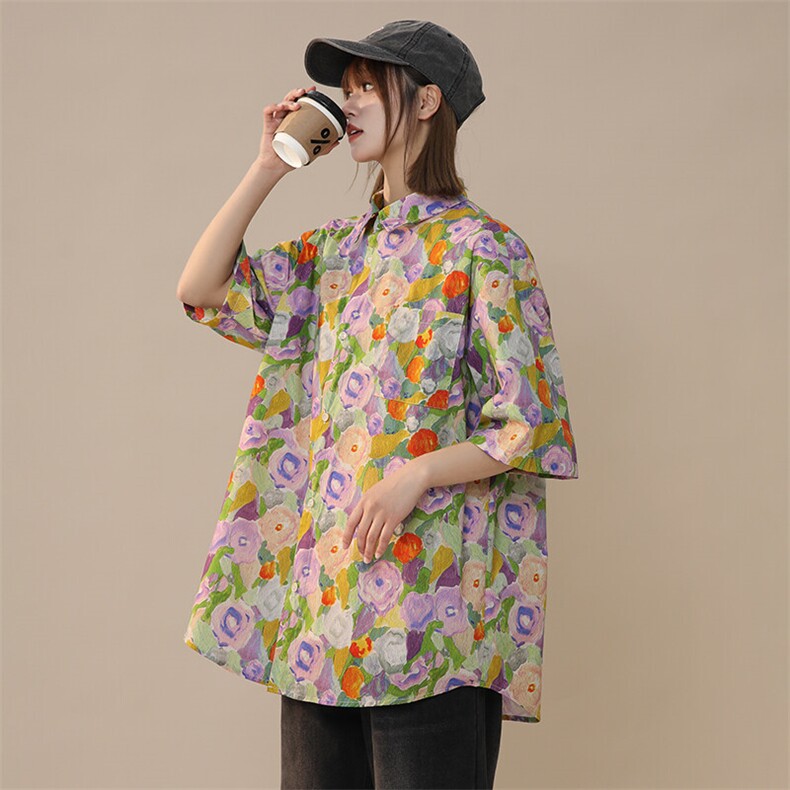 夏装新款冰丝短袖衬衫中性风休闲宽松大码花衬衣225-2-CS802-P35，女装衬衫，星座225-2