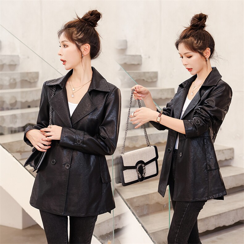 修身型宽松型秋季直筒中长款皮衣宽松女装失序混搭风大码春秋显瘦，女装皮衣，缘衣格