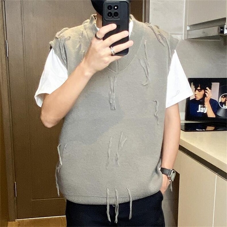 M715-特P48宽松流苏针织衫男士潮牌V领无袖毛衣马甲帅气休闲线衣，男装背心/马甲，电商D310B