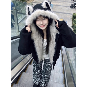 现货重磅硬挺boxy羽绒棉衣座山雕猫耳大毛毛领麂皮棉服冬外套图片