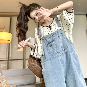 炸街减龄牛仔背带裤套装女2025夏季新款宽松波点上衣小个子两件套图片