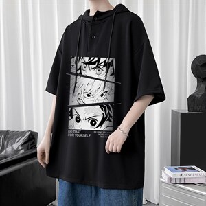LD54176-P45 连帽短袖t恤男大码胖子带帽五分袖中袖图片