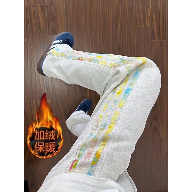 潮彩色花卉三道杠灰色加绒卫裤男秋季高个子青少年篮球运动裤子，男装休闲裤，星座310B-2