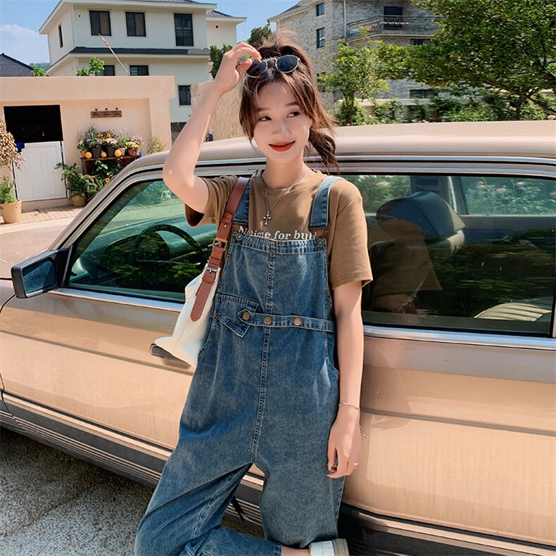 美式复古牛仔背带裤女2023夏季新款韩版小个子显瘦减龄工装九分裤图片