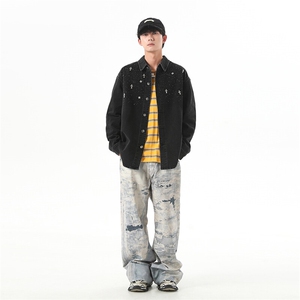 复古重工镶砖牛仔外套男高街宽松水洗衬衫长袖翻领上衣JK1086-P90,力驱时装搭配什么上衣好图片