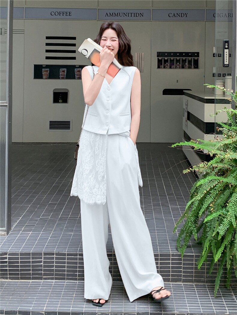 韩系松弛感蕾丝拼接马甲套装女2026夏季新款休闲阔腿裤两件套,女装套装/套裙,流量+